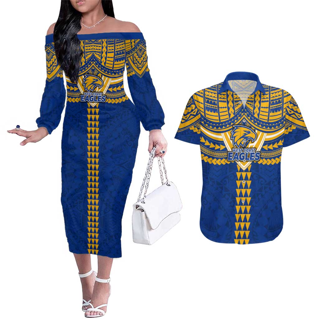Personalized West Coast Eagles Couples Matching Off The Shoulder Long Sleeve Dress and Hawaiian Shirt Polynesian Tribal Pattern Heritage Football