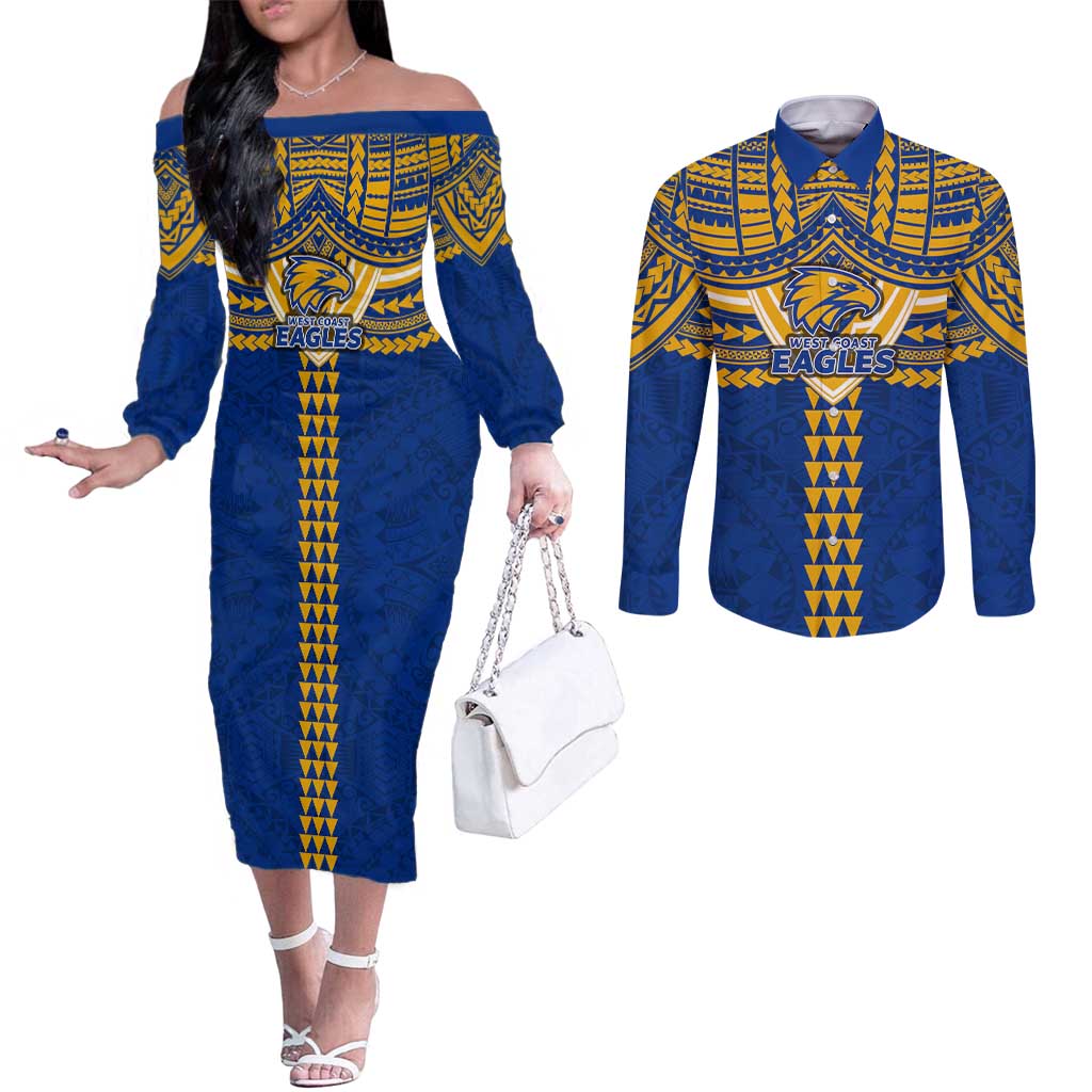 Personalized West Coast Eagles Couples Matching Off The Shoulder Long Sleeve Dress and Long Sleeve Button Shirt Polynesian Tribal Pattern Heritage Football