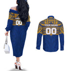 Personalized West Coast Eagles Couples Matching Off The Shoulder Long Sleeve Dress and Long Sleeve Button Shirt Polynesian Tribal Pattern Heritage Football