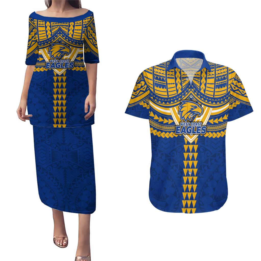 Personalized West Coast Eagles Couples Matching Puletasi and Hawaiian Shirt Polynesian Tribal Pattern Heritage Football