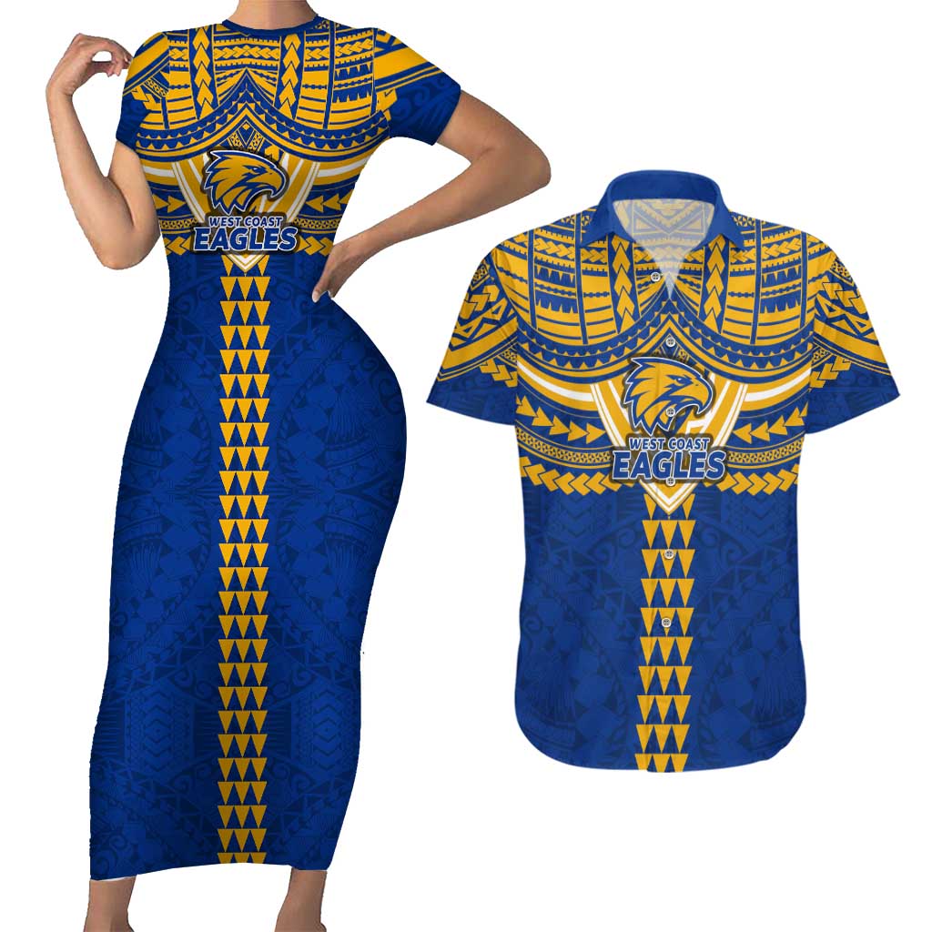 Personalized West Coast Eagles Couples Matching Short Sleeve Bodycon Dress and Hawaiian Shirt Polynesian Tribal Pattern Heritage Football