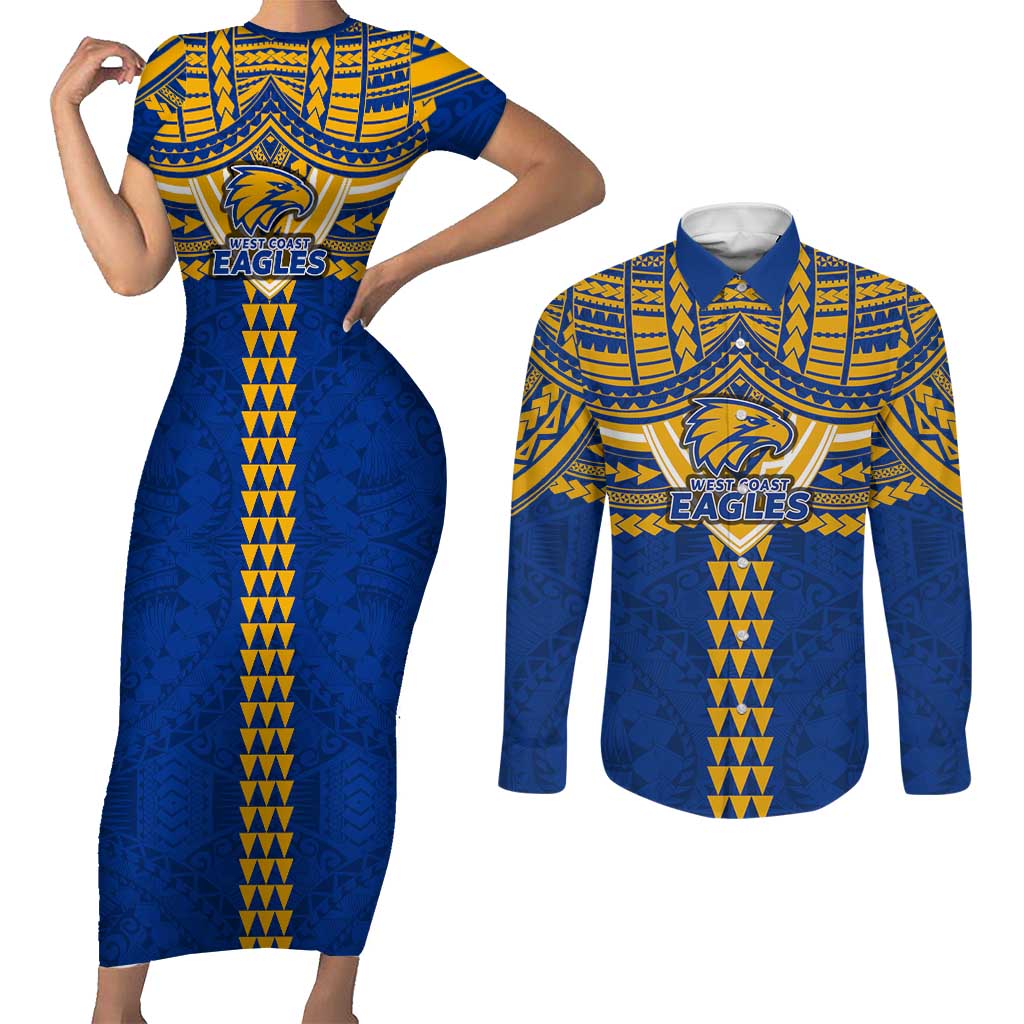Personalized West Coast Eagles Couples Matching Short Sleeve Bodycon Dress and Long Sleeve Button Shirt Polynesian Tribal Pattern Heritage Football