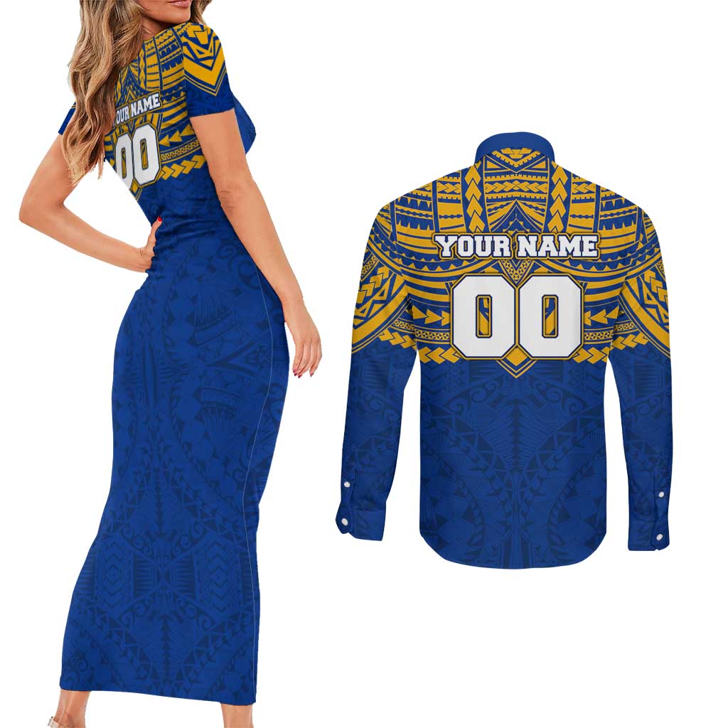 Personalized West Coast Eagles Couples Matching Short Sleeve Bodycon Dress and Long Sleeve Button Shirt Polynesian Tribal Pattern Heritage Football