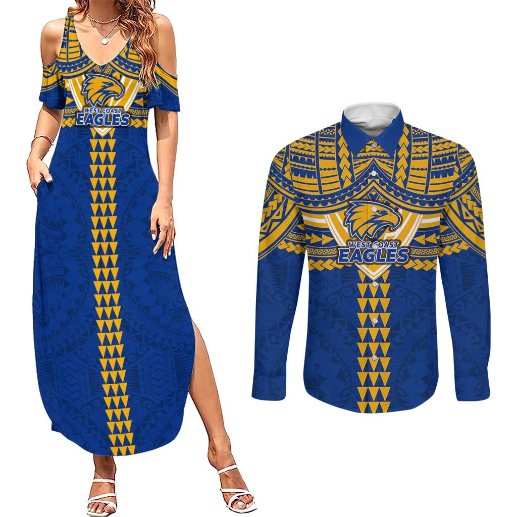 Personalized West Coast Eagles Couples Matching Summer Maxi Dress and Long Sleeve Button Shirt Polynesian Tribal Pattern Heritage Football