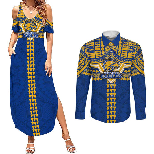 Personalized West Coast Eagles Couples Matching Summer Maxi Dress and Long Sleeve Button Shirt Polynesian Tribal Pattern Heritage Football