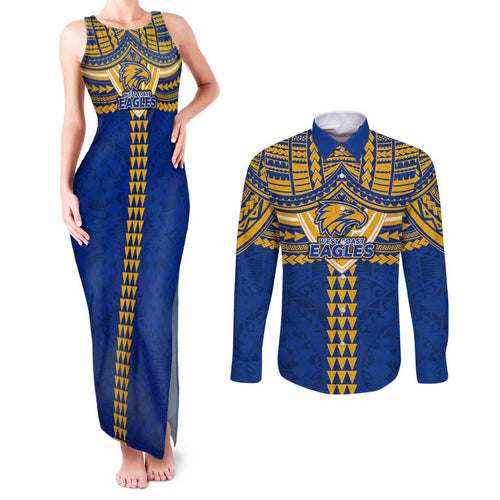 Personalized West Coast Eagles Couples Matching Tank Maxi Dress and Long Sleeve Button Shirt Polynesian Tribal Pattern Heritage Football