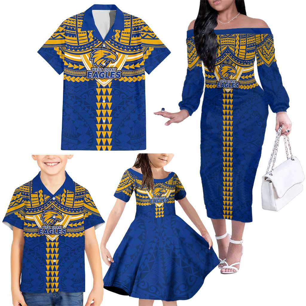 Personalized West Coast Eagles Family Matching Off The Shoulder Long Sleeve Dress and Hawaiian Shirt Polynesian Tribal Pattern Heritage Football