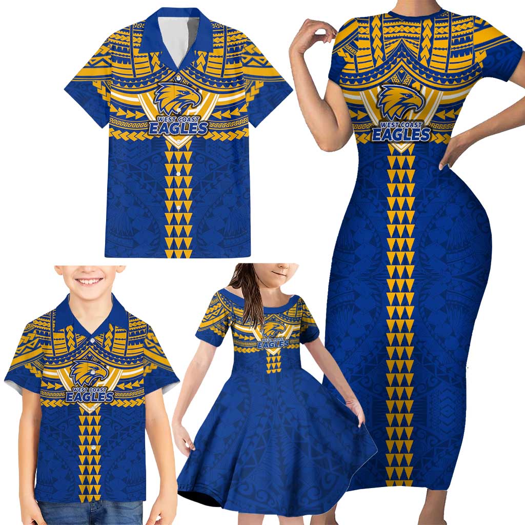 Personalized West Coast Eagles Family Matching Short Sleeve Bodycon Dress and Hawaiian Shirt Polynesian Tribal Pattern Heritage Football