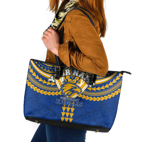 Personalized West Coast Eagles Leather Tote Bag Polynesian Tribal Pattern Heritage Football