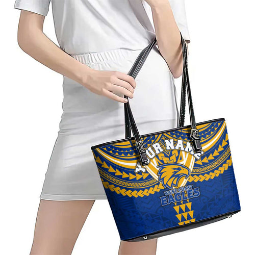 Personalized West Coast Eagles Leather Tote Bag Polynesian Tribal Pattern Heritage Football