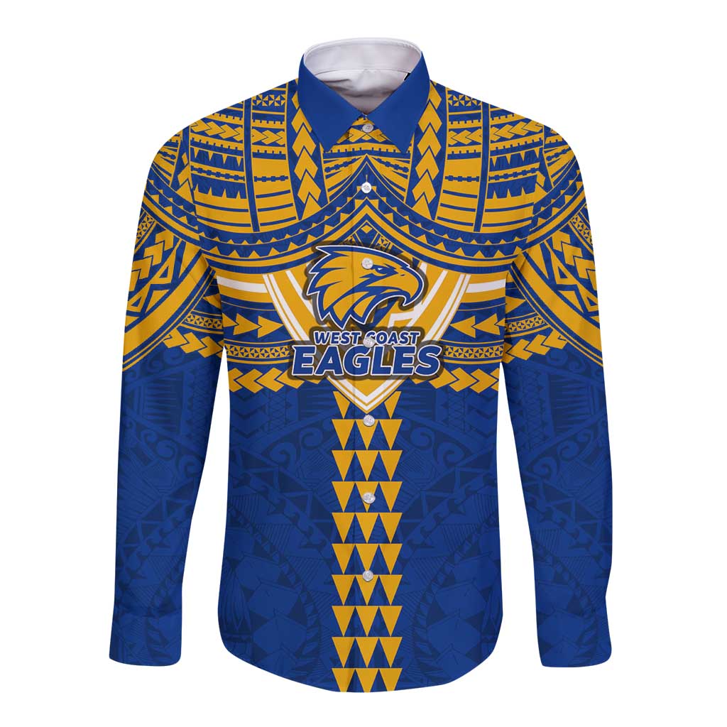 Personalized West Coast Eagles Long Sleeve Button Shirt Polynesian Tribal Pattern Heritage Football