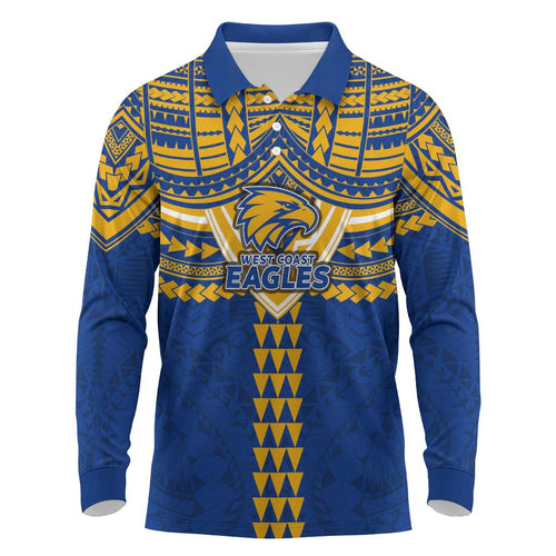 Personalized West Coast Eagles Long Sleeve Polo Shirt Polynesian Tribal Pattern Heritage Football