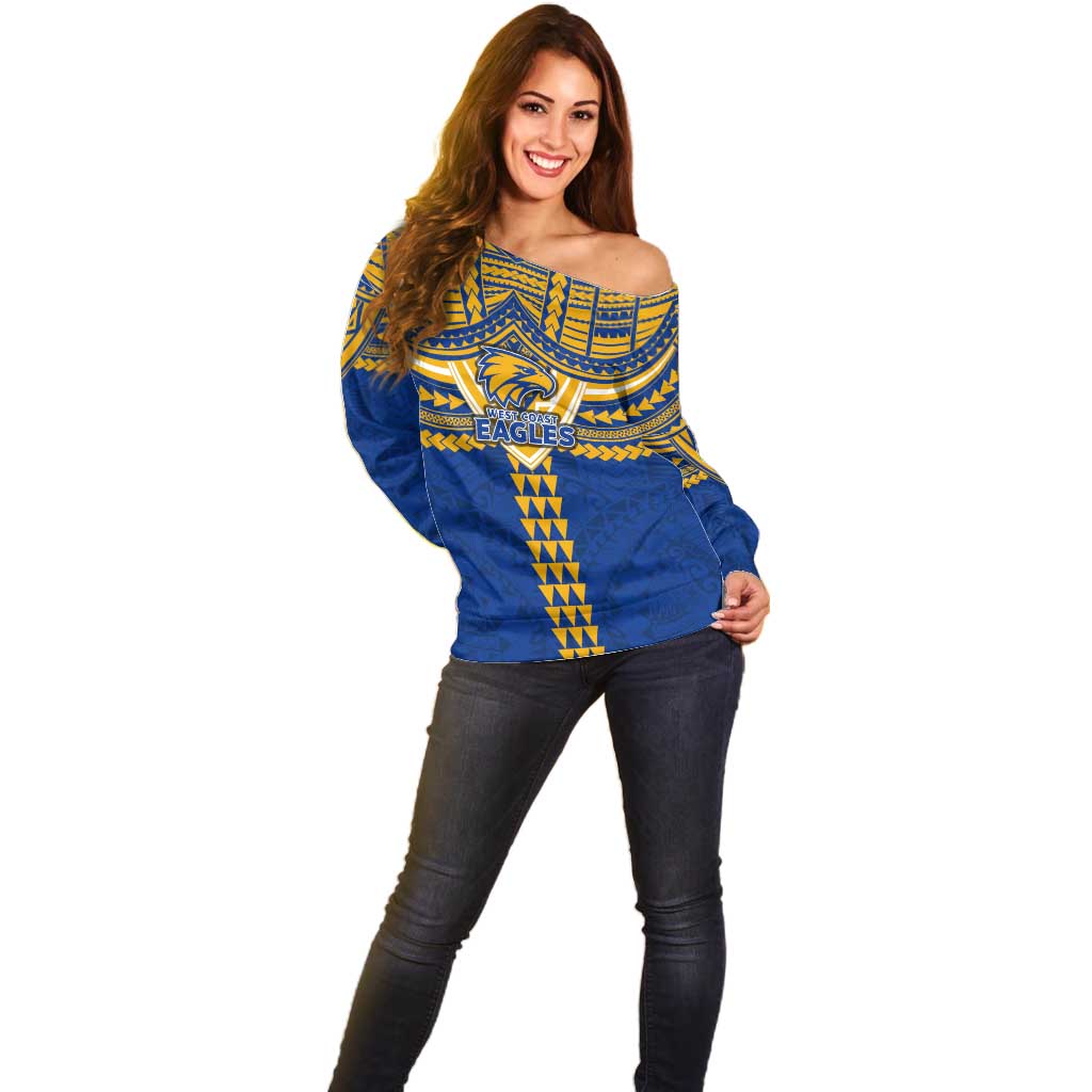 Personalized West Coast Eagles Off Shoulder Sweater Polynesian Tribal Pattern Heritage Football
