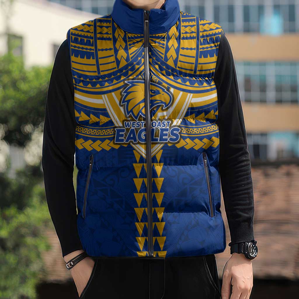 Personalized West Coast Eagles Sleeveless Puffer Jacket Polynesian Tribal Pattern Heritage Football
