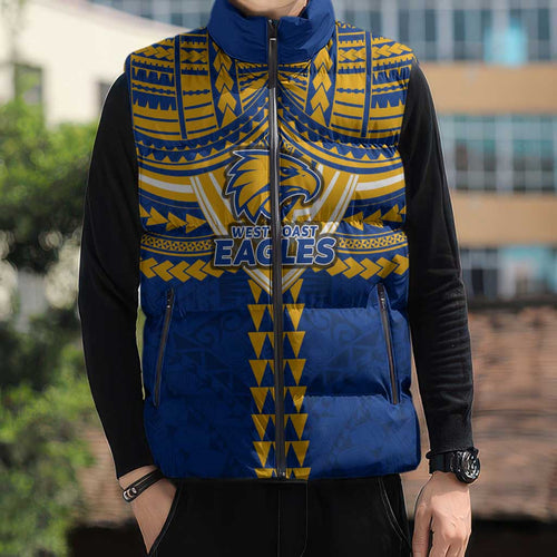Personalized West Coast Eagles Sleeveless Puffer Jacket Polynesian Tribal Pattern Heritage Football