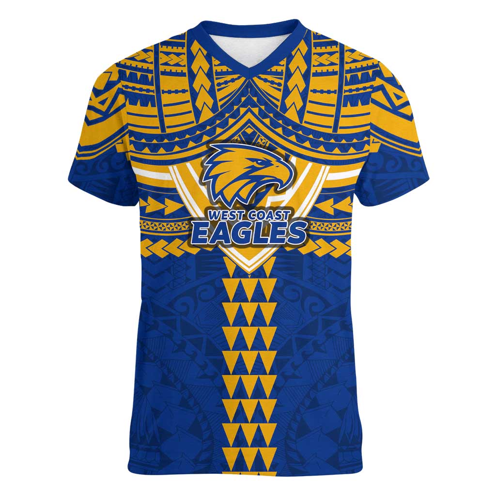 Personalized West Coast Eagles Women V-Neck T-Shirt Polynesian Tribal Pattern Heritage Football