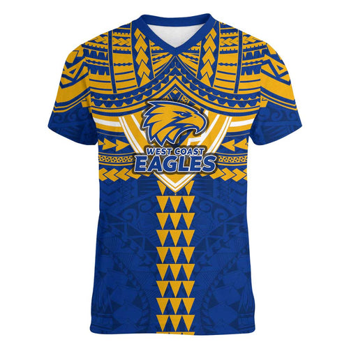 Personalized West Coast Eagles Women V-Neck T-Shirt Polynesian Tribal Pattern Heritage Football