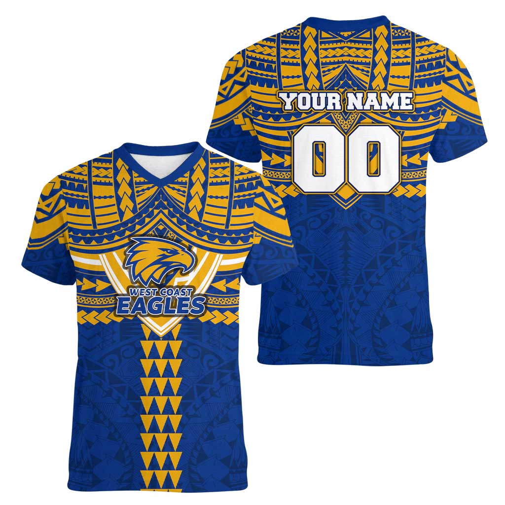 Personalized West Coast Eagles Women V-Neck T-Shirt Polynesian Tribal Pattern Heritage Football
