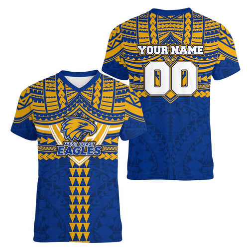 Personalized West Coast Eagles Women V-Neck T-Shirt Polynesian Tribal Pattern Heritage Football