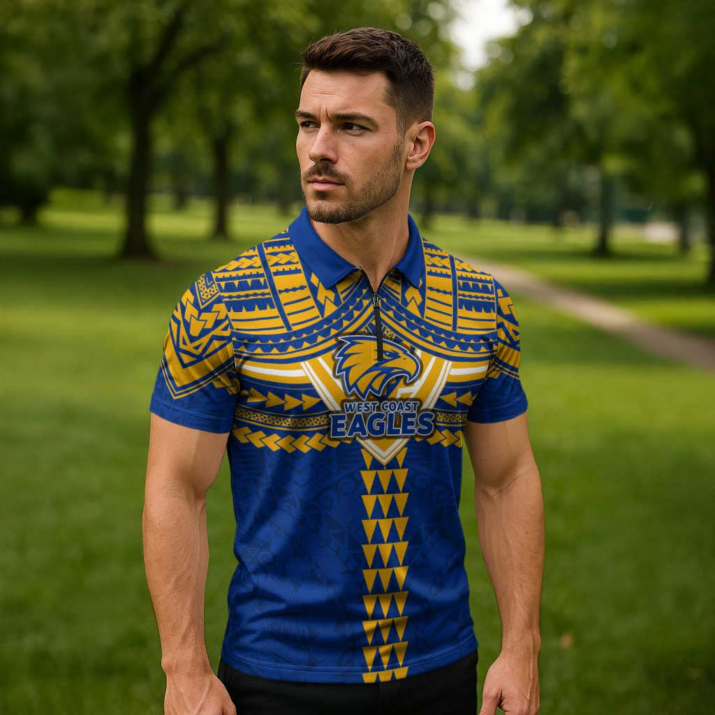 Personalized West Coast Eagles Zipper Polo Shirt Polynesian Tribal Pattern Heritage Football