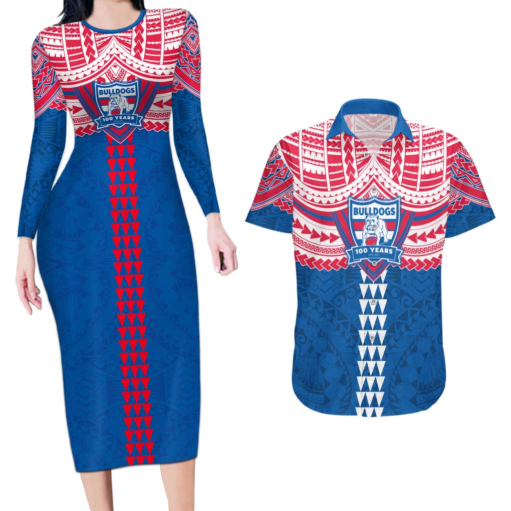 Personalized Western Bulldogs Couples Matching Long Sleeve Bodycon Dress and Hawaiian Shirt Polynesian Tribal Pattern Heritage Football
