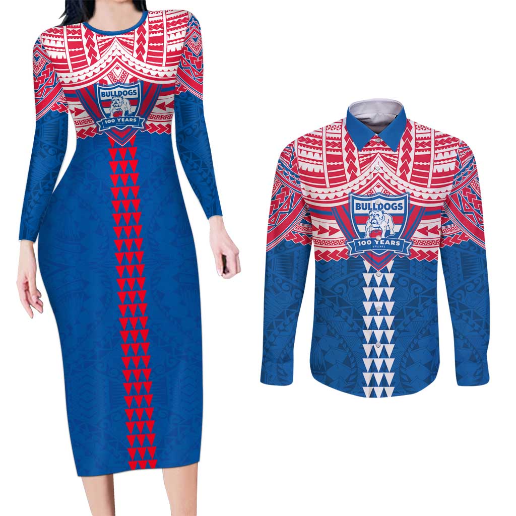 Personalized Western Bulldogs Couples Matching Long Sleeve Bodycon Dress and Long Sleeve Button Shirt Polynesian Tribal Pattern Heritage Football