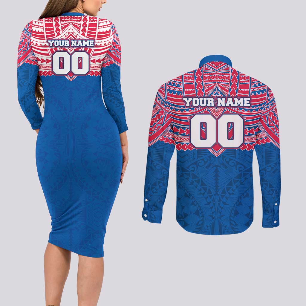 Personalized Western Bulldogs Couples Matching Long Sleeve Bodycon Dress and Long Sleeve Button Shirt Polynesian Tribal Pattern Heritage Football