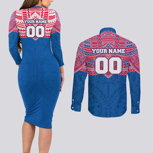 Personalized Western Bulldogs Couples Matching Long Sleeve Bodycon Dress and Long Sleeve Button Shirt Polynesian Tribal Pattern Heritage Football