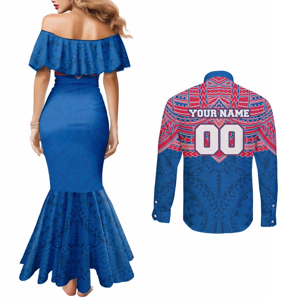 Personalized Western Bulldogs Couples Matching Mermaid Dress and Long Sleeve Button Shirt Polynesian Tribal Pattern Heritage Football