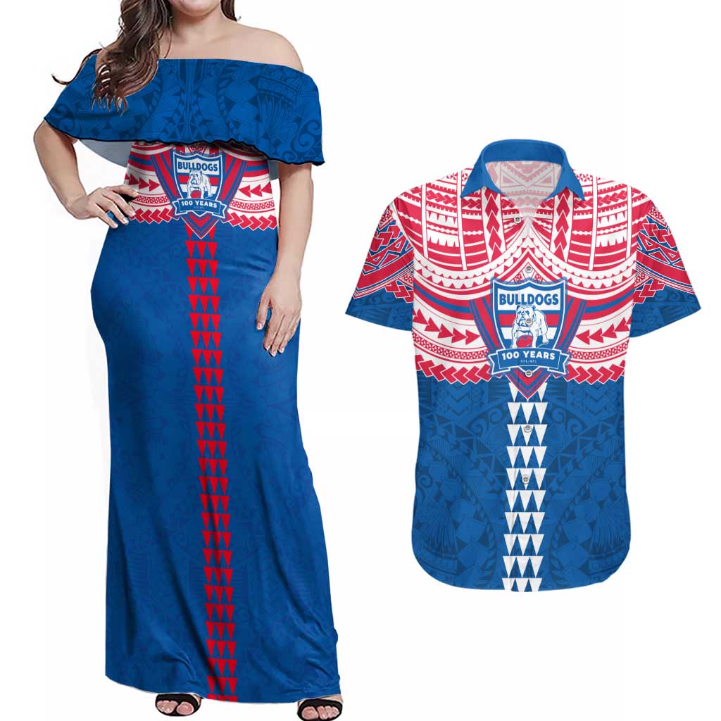 Personalized Western Bulldogs Couples Matching Off Shoulder Maxi Dress and Hawaiian Shirt Polynesian Tribal Pattern Heritage Football