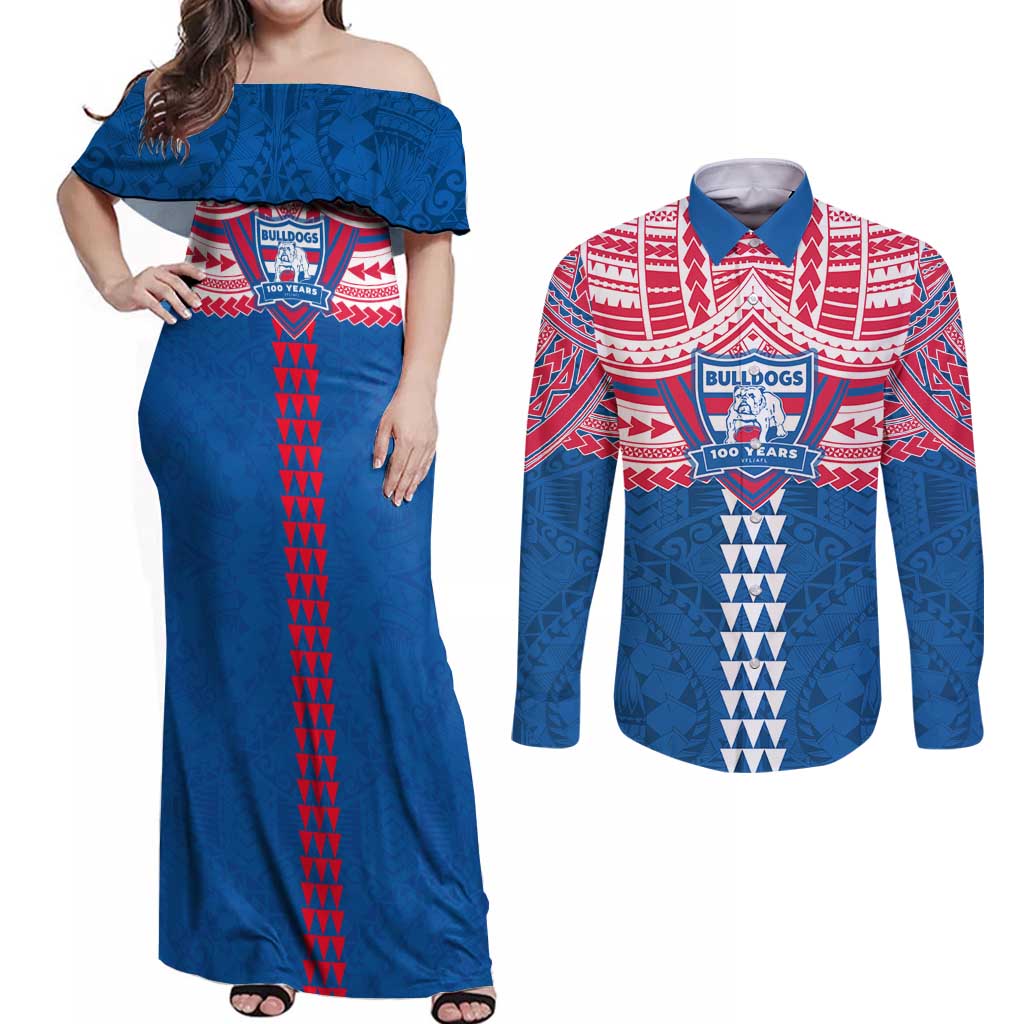 Personalized Western Bulldogs Couples Matching Off Shoulder Maxi Dress and Long Sleeve Button Shirt Polynesian Tribal Pattern Heritage Football