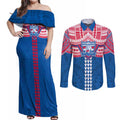 Personalized Western Bulldogs Couples Matching Off Shoulder Maxi Dress and Long Sleeve Button Shirt Polynesian Tribal Pattern Heritage Football