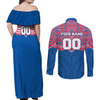 Personalized Western Bulldogs Couples Matching Off Shoulder Maxi Dress and Long Sleeve Button Shirt Polynesian Tribal Pattern Heritage Football