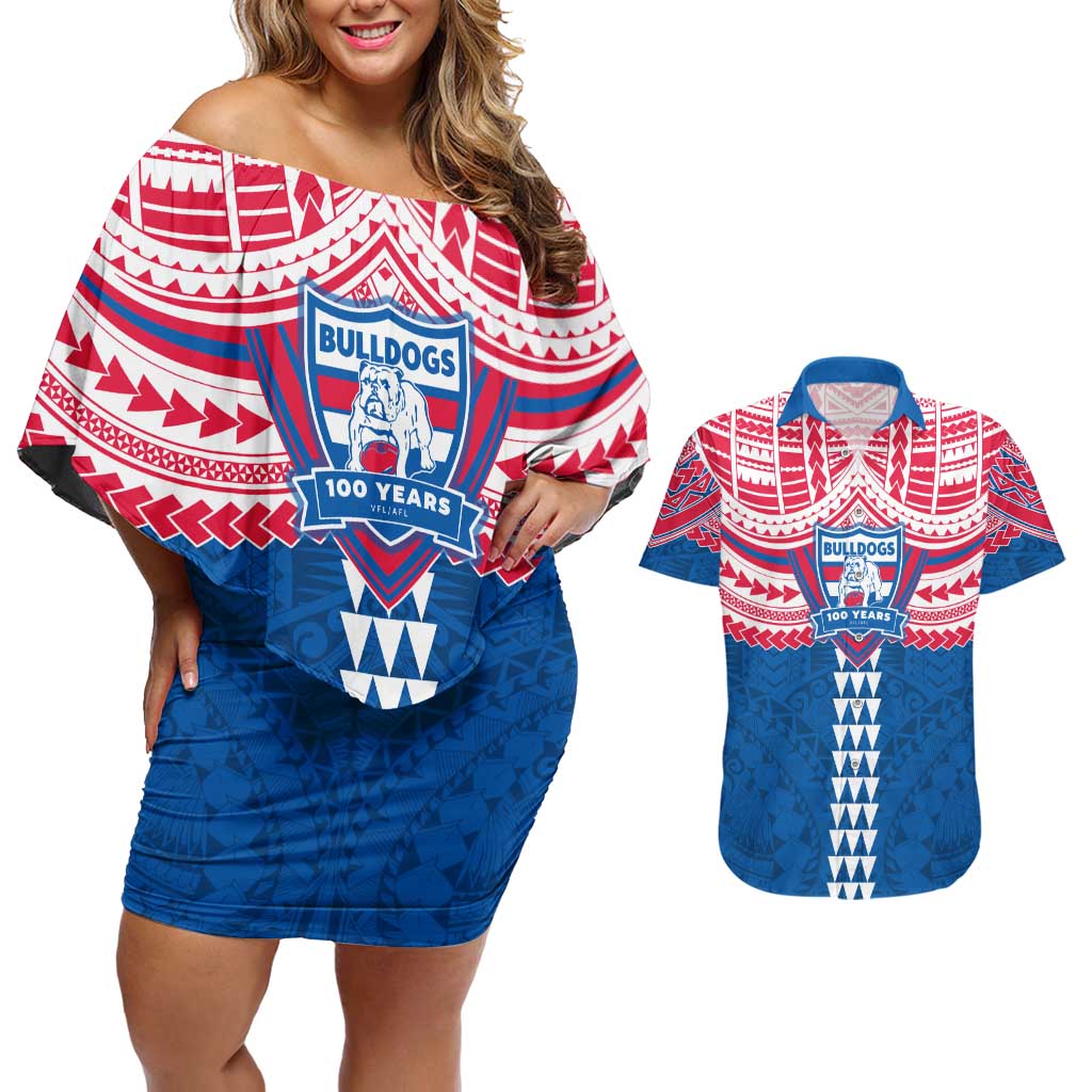 Personalized Western Bulldogs Couples Matching Off Shoulder Short Dress and Hawaiian Shirt Polynesian Tribal Pattern Heritage Football