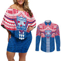 Personalized Western Bulldogs Couples Matching Off Shoulder Short Dress and Long Sleeve Button Shirt Polynesian Tribal Pattern Heritage Football