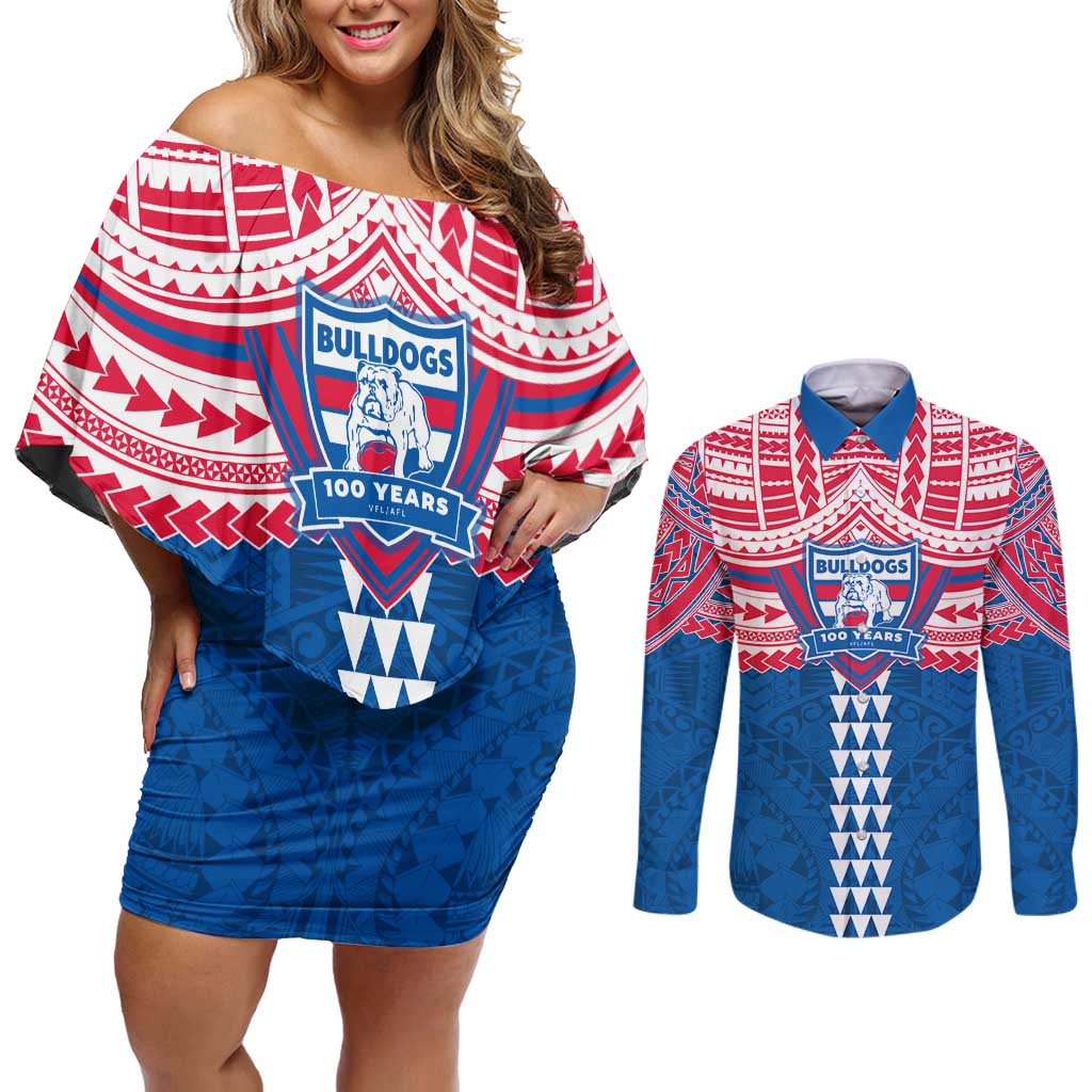 Personalized Western Bulldogs Couples Matching Off Shoulder Short Dress and Long Sleeve Button Shirt Polynesian Tribal Pattern Heritage Football