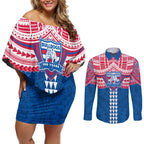 Personalized Western Bulldogs Couples Matching Off Shoulder Short Dress and Long Sleeve Button Shirt Polynesian Tribal Pattern Heritage Football