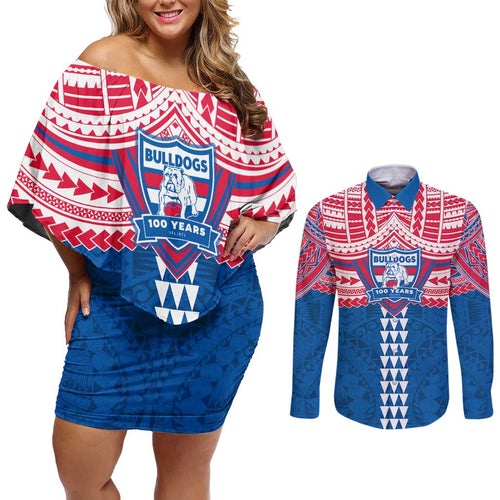 Personalized Western Bulldogs Couples Matching Off Shoulder Short Dress and Long Sleeve Button Shirt Polynesian Tribal Pattern Heritage Football