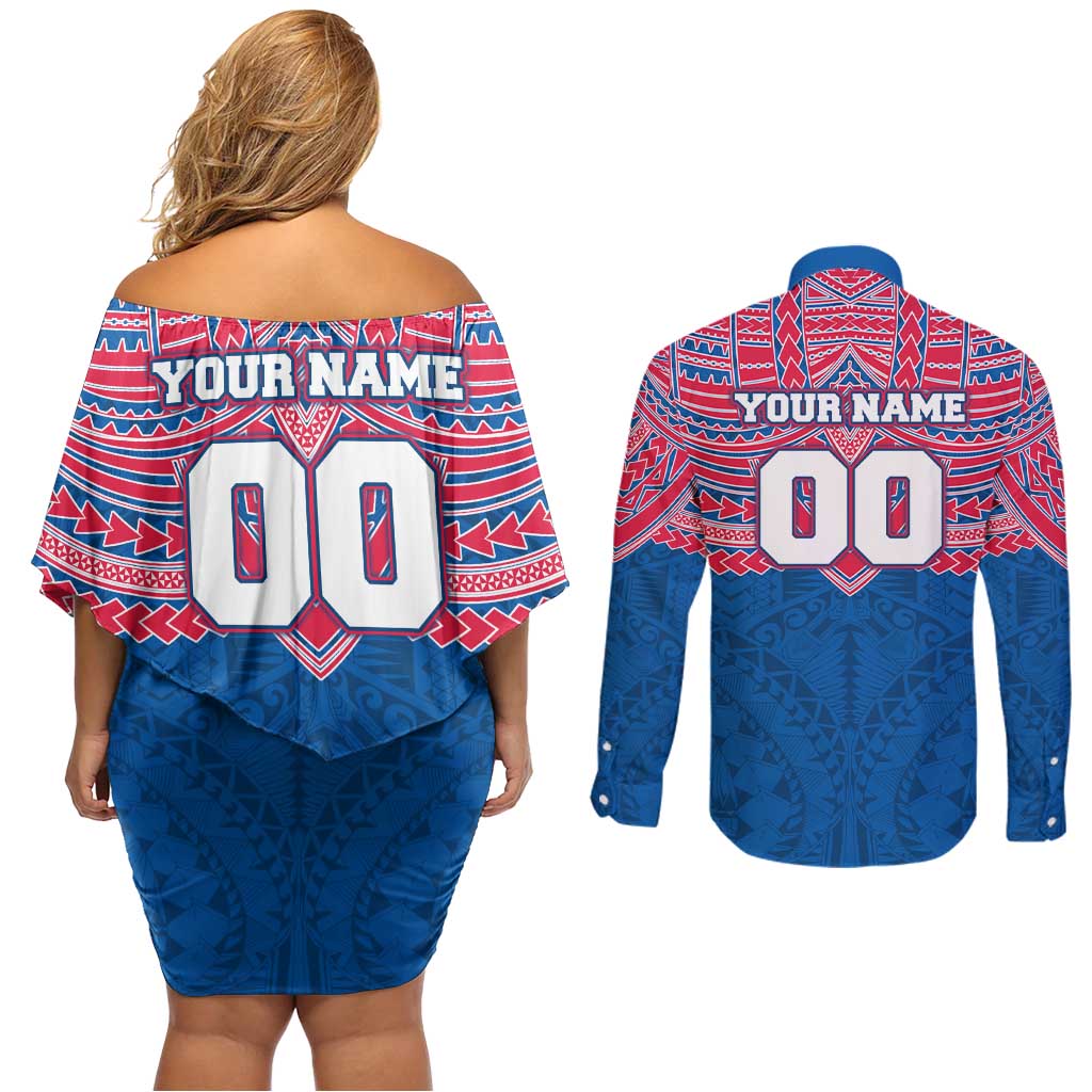 Personalized Western Bulldogs Couples Matching Off Shoulder Short Dress and Long Sleeve Button Shirt Polynesian Tribal Pattern Heritage Football