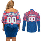 Personalized Western Bulldogs Couples Matching Off Shoulder Short Dress and Long Sleeve Button Shirt Polynesian Tribal Pattern Heritage Football