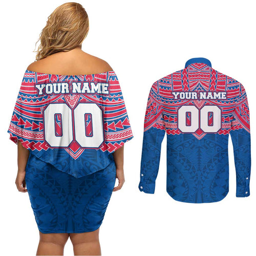 Personalized Western Bulldogs Couples Matching Off Shoulder Short Dress and Long Sleeve Button Shirt Polynesian Tribal Pattern Heritage Football