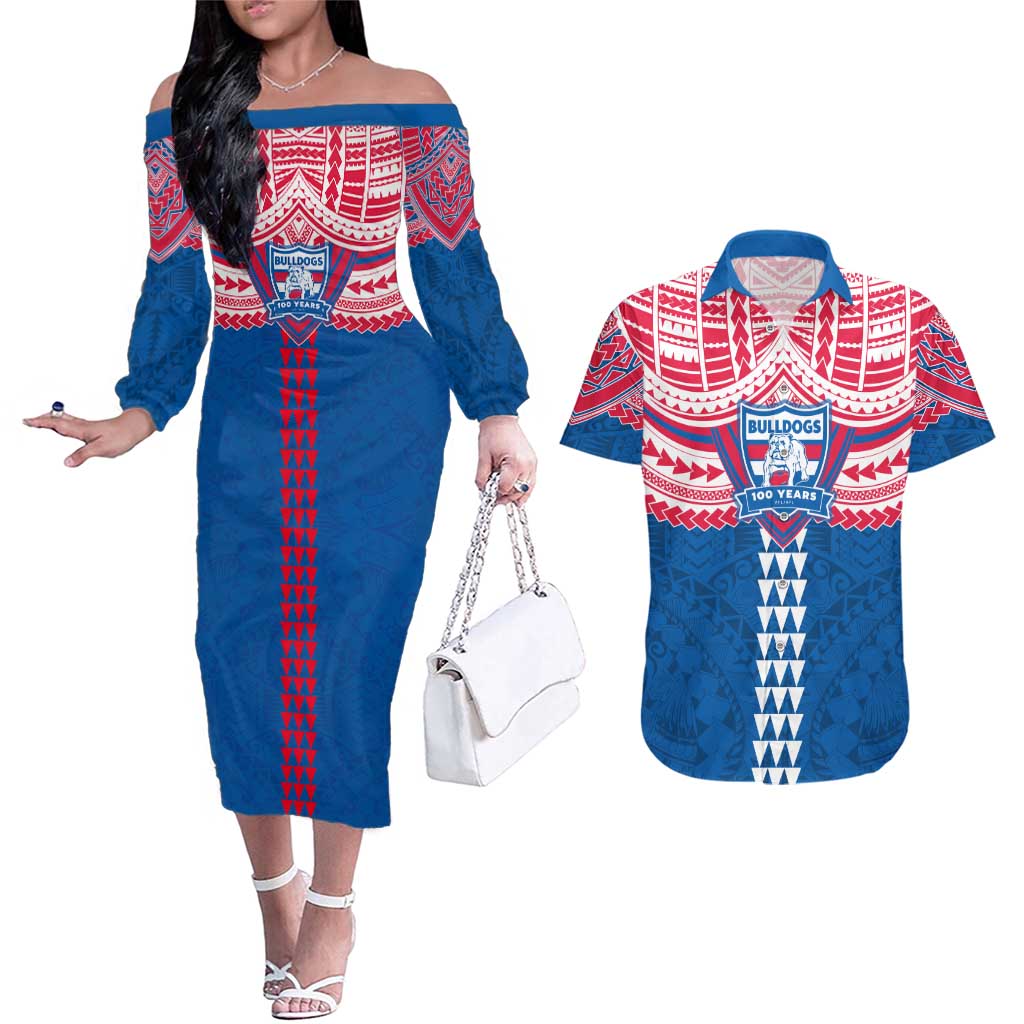 Personalized Western Bulldogs Couples Matching Off The Shoulder Long Sleeve Dress and Hawaiian Shirt Polynesian Tribal Pattern Heritage Football