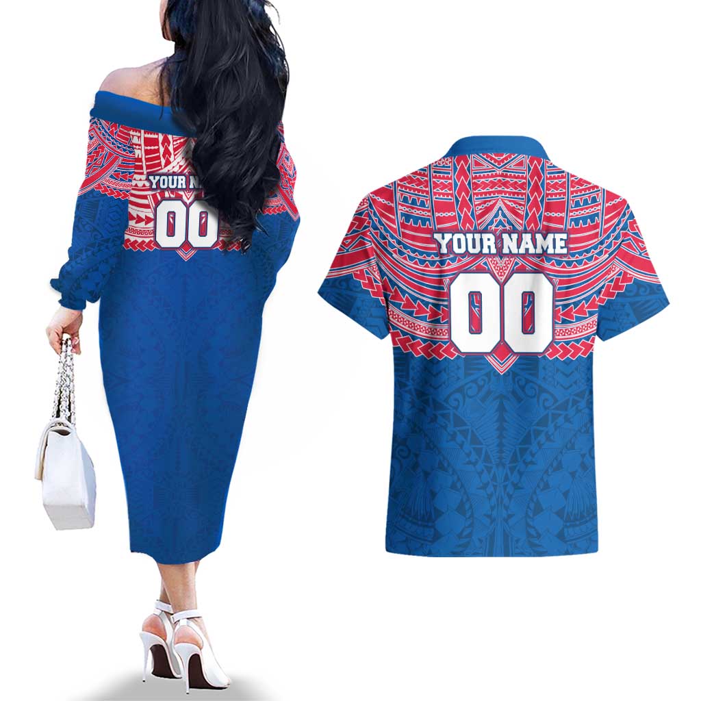 Personalized Western Bulldogs Couples Matching Off The Shoulder Long Sleeve Dress and Hawaiian Shirt Polynesian Tribal Pattern Heritage Football