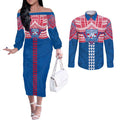 Personalized Western Bulldogs Couples Matching Off The Shoulder Long Sleeve Dress and Long Sleeve Button Shirt Polynesian Tribal Pattern Heritage Football