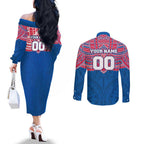 Personalized Western Bulldogs Couples Matching Off The Shoulder Long Sleeve Dress and Long Sleeve Button Shirt Polynesian Tribal Pattern Heritage Football