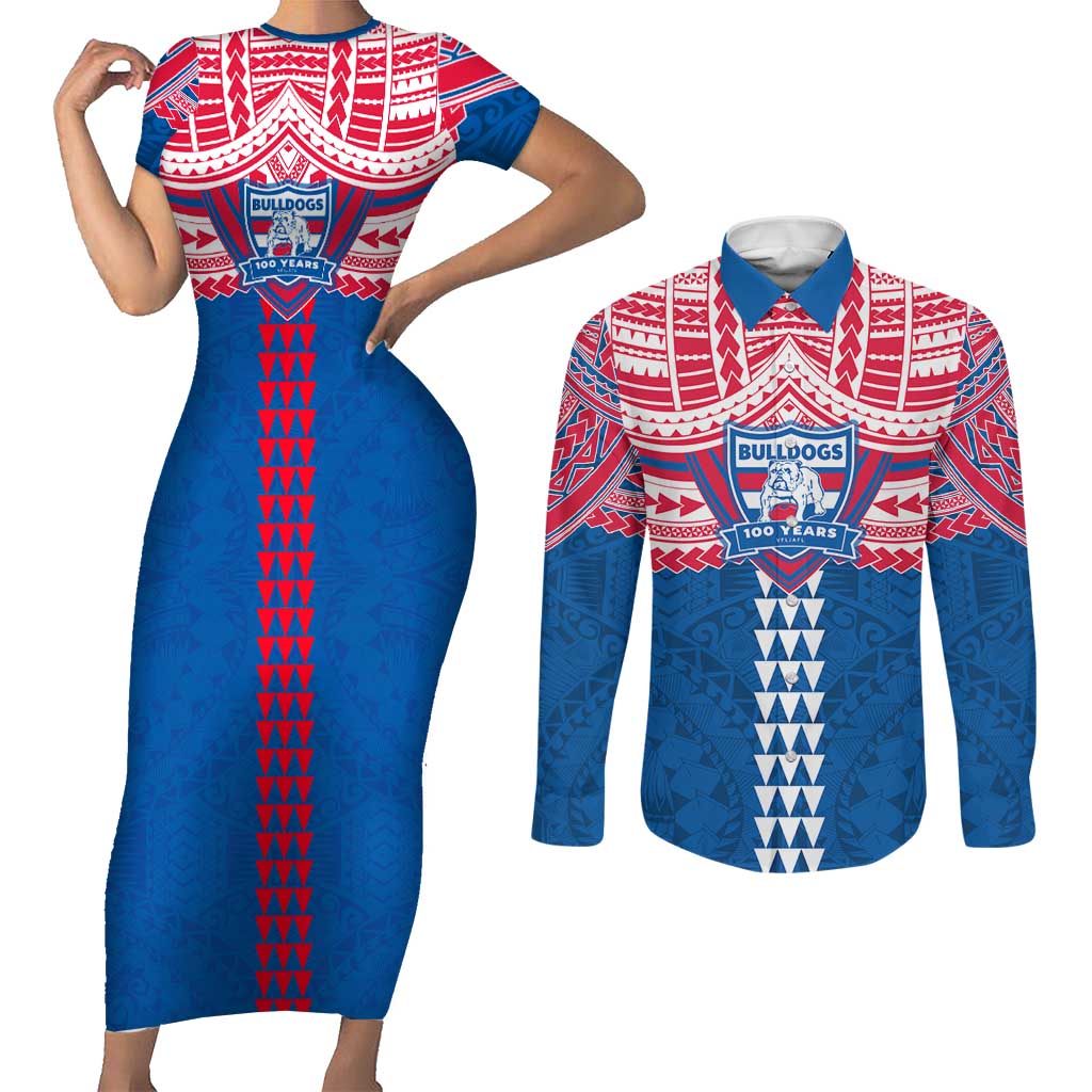 Personalized Western Bulldogs Couples Matching Short Sleeve Bodycon Dress and Long Sleeve Button Shirt Polynesian Tribal Pattern Heritage Football