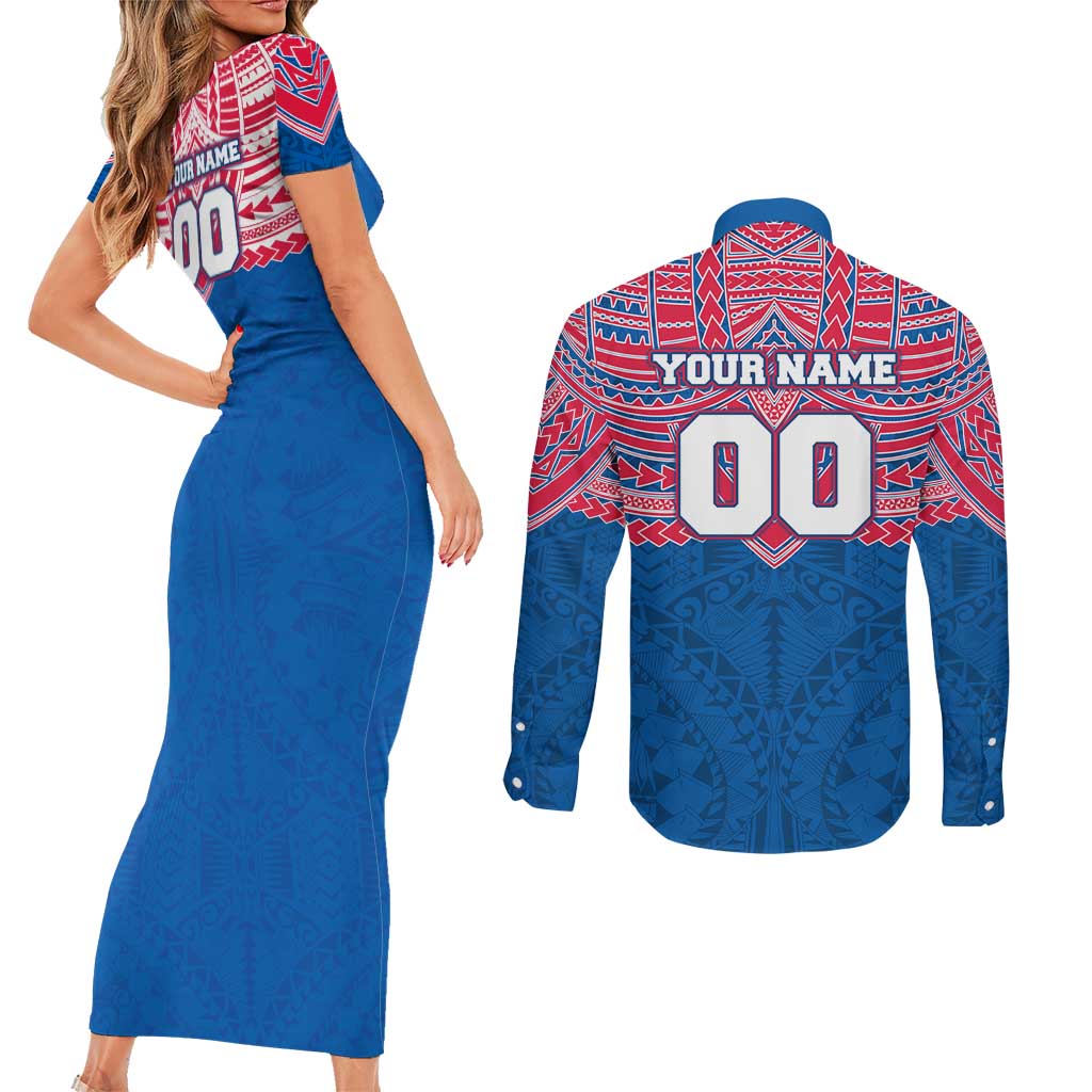 Personalized Western Bulldogs Couples Matching Short Sleeve Bodycon Dress and Long Sleeve Button Shirt Polynesian Tribal Pattern Heritage Football