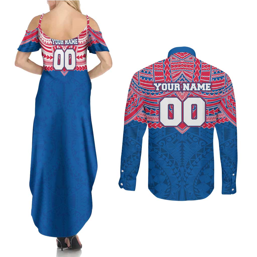 Personalized Western Bulldogs Couples Matching Summer Maxi Dress and Long Sleeve Button Shirt Polynesian Tribal Pattern Heritage Football