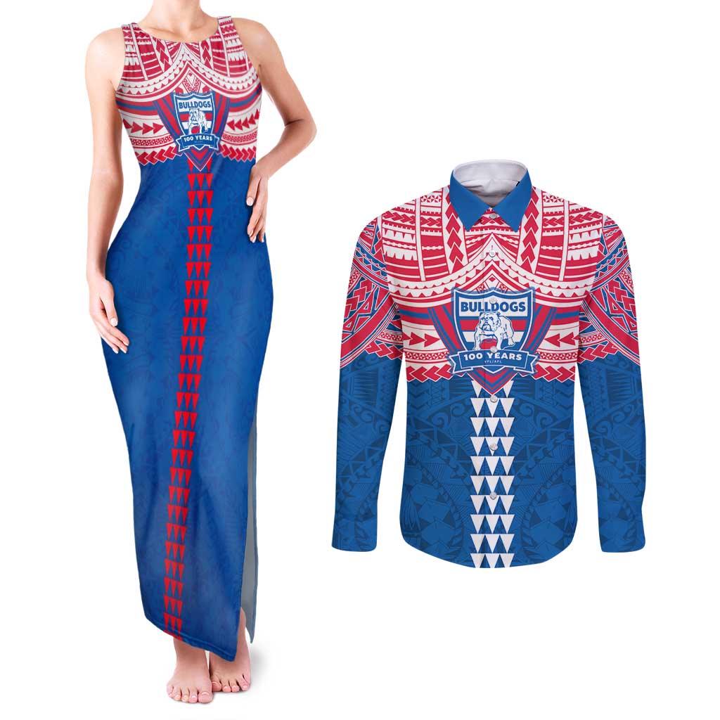 Personalized Western Bulldogs Couples Matching Tank Maxi Dress and Long Sleeve Button Shirt Polynesian Tribal Pattern Heritage Football