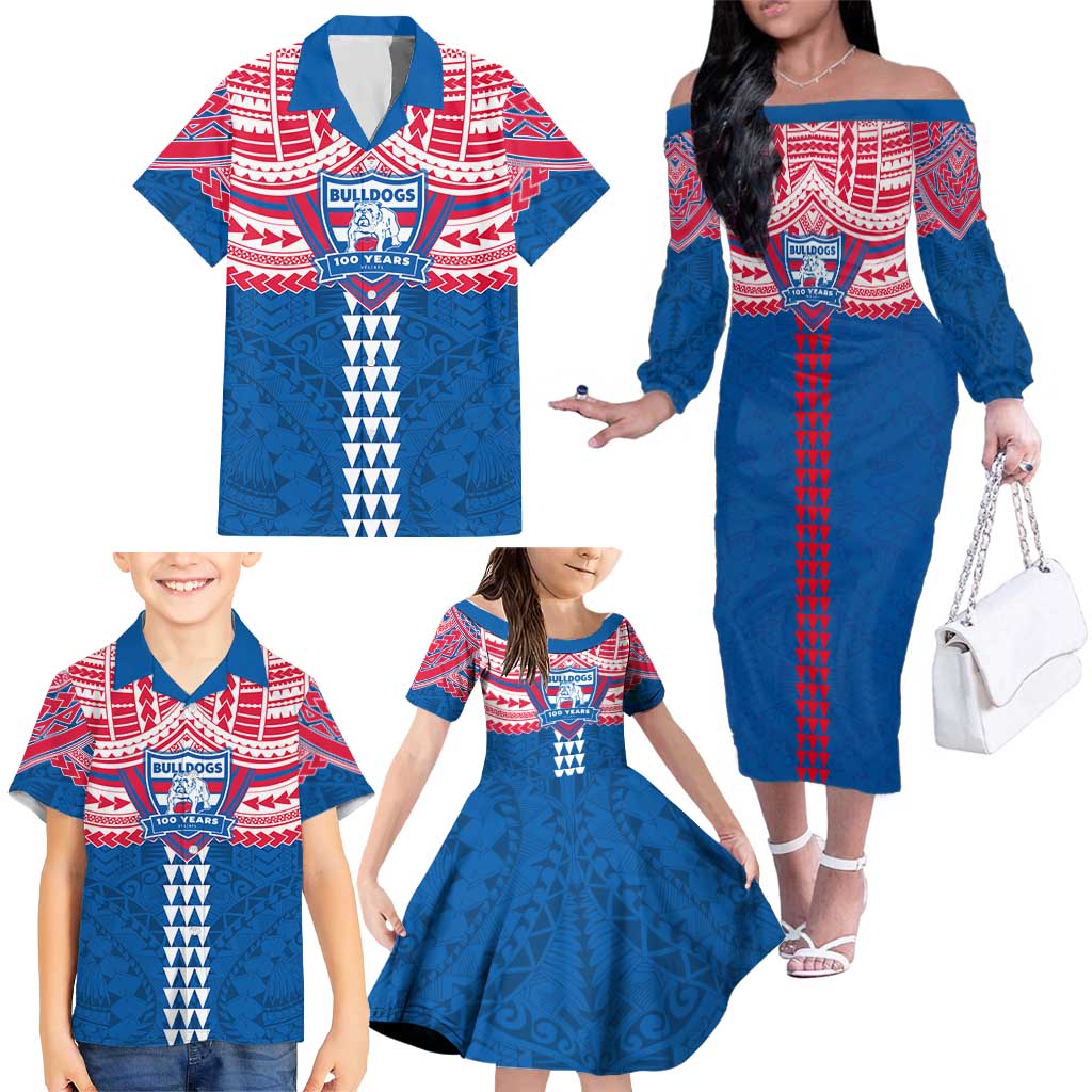 Personalized Western Bulldogs Family Matching Off The Shoulder Long Sleeve Dress and Hawaiian Shirt Polynesian Tribal Pattern Heritage Football